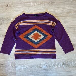 Chaps Southwestern Aztec Boho Sweater 100% Cotton Purple Women's Large